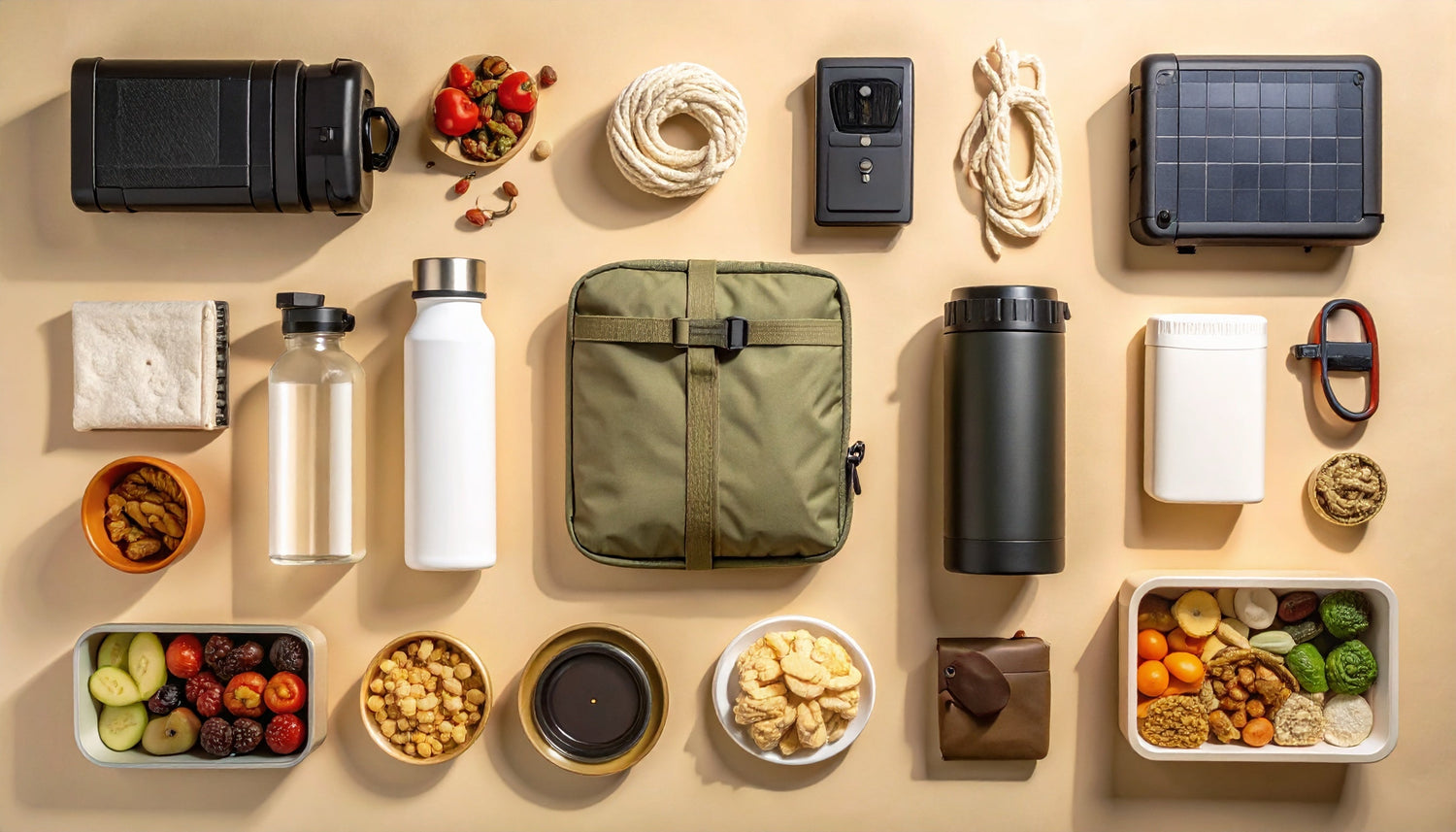 Kit de supervivencia con filtro de agua, cuerda, radio solar, linterna, botiquín y alimentos, dispuesto sobre una mesa gris. Representa la resiliencia y el autocuidado inteligente en emergencias.