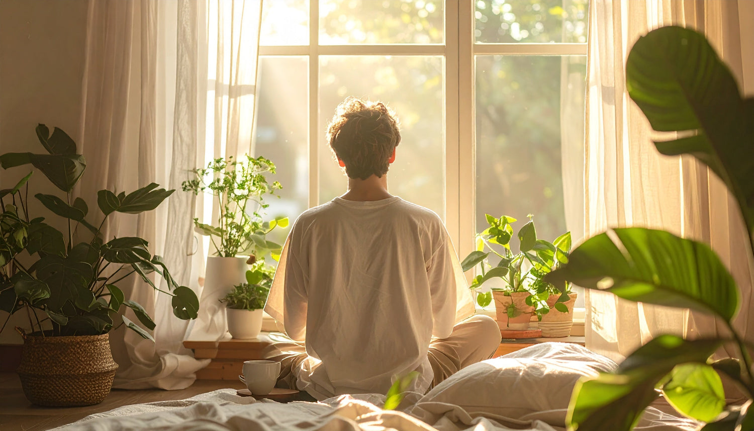 Persona sentada frente a la ventana al amanecer, rodeada de plantas y luz natural, representando la energía natural y el equilibrio circadiano sin cafeína.