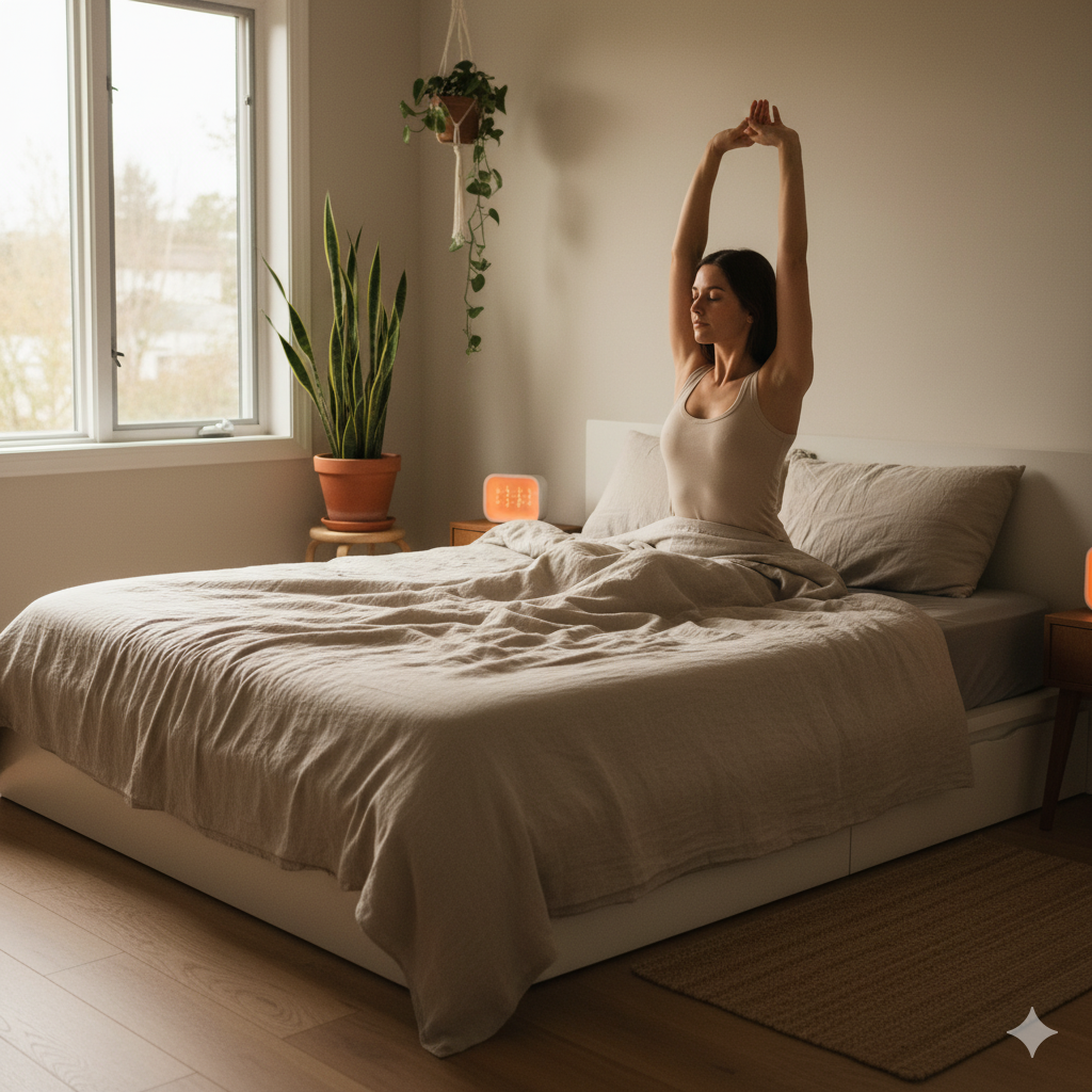 Mujer comenzando su día en calma, estirándose en la cama mientras entra la luz del amanecer, con una planta junto a la ventana y una atmósfera natural y relajante.
