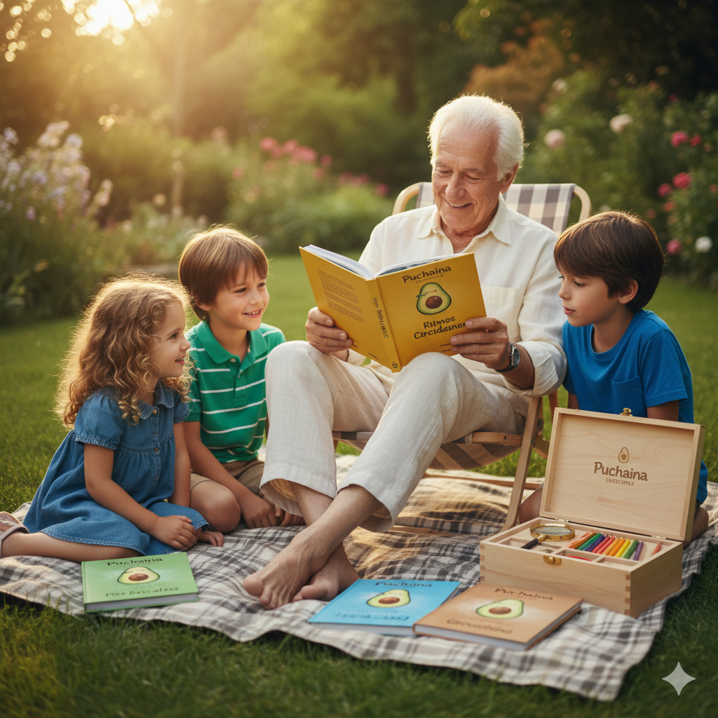 Abuelo leyendo un libro de Puchaina Ediciones a tres niños en el jardín, con otros libros y un kit educativo sobre bienestar y hábitos saludables.