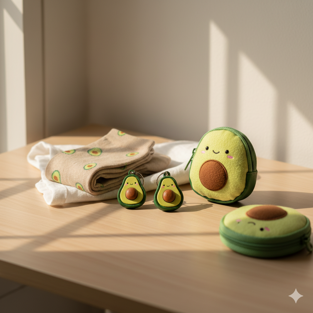 Colección de accesorios inspirados en el aguacate — calcetines, monederos y llaveros con diseño natural y divertido. Vital Hacks, bienestar con actitud verde.