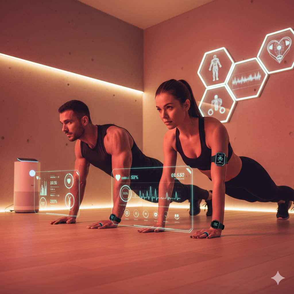 Hombre y mujer entrenando con tecnología fitness inteligente y dispositivos wearables que miden su rendimiento físico.